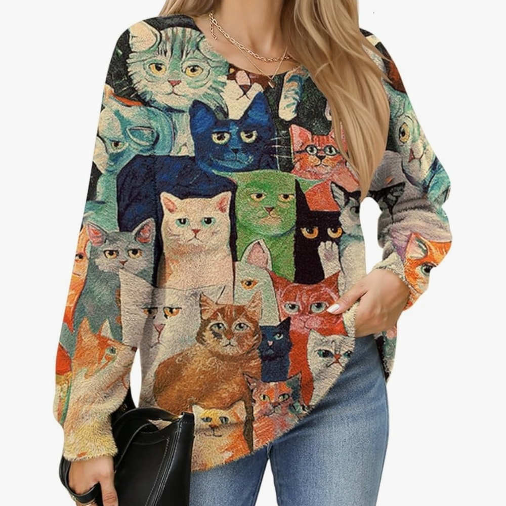 Multicolor Cat Pattern Women's Sweater - image 2